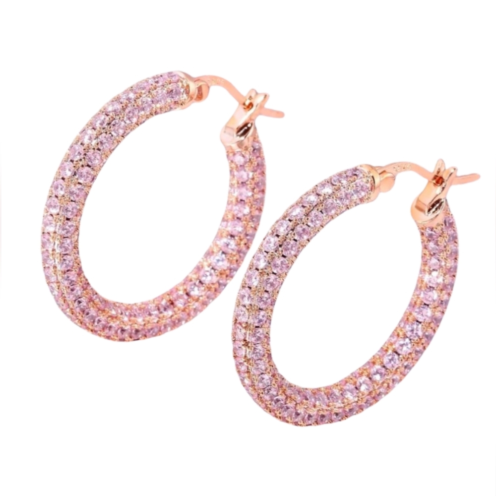 Pink Pave Crystal Rose Gold Hoop Earrings Rhinestone Hoops Classic Minimalist